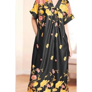 Women's Long Length Kaftan Hawaiian Muu Muu Night Gown Black Pocket Large Moomoo